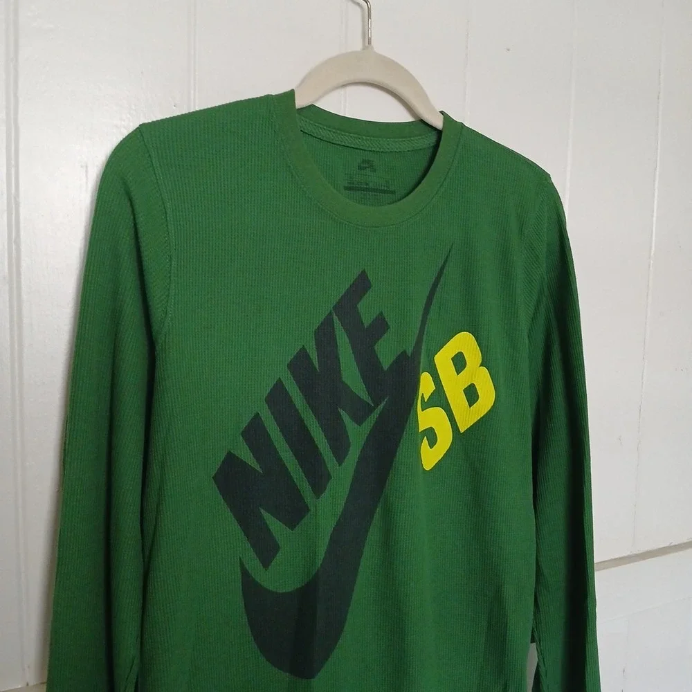 Nike SB Shirt Logo Spell Out Thermal Waffle Knit Youth XL Green Skateboard LS
